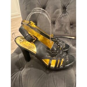 Lauren Ralph Lauren Black Leather Woven Slingback Block Heel Sandals Women's  9B